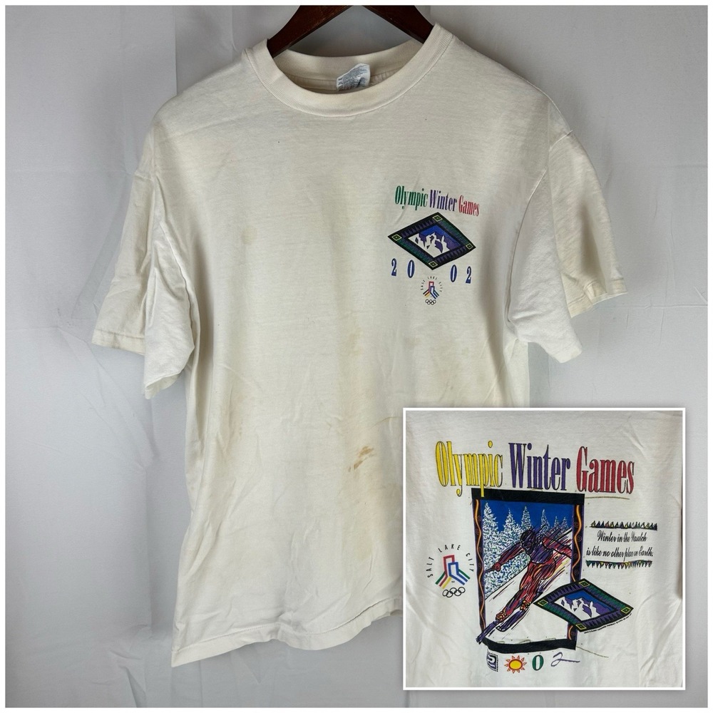 VTG Salt Lake‎ City 2002 Winter Olympics T Shirt Size Large Double Sided *Flaw